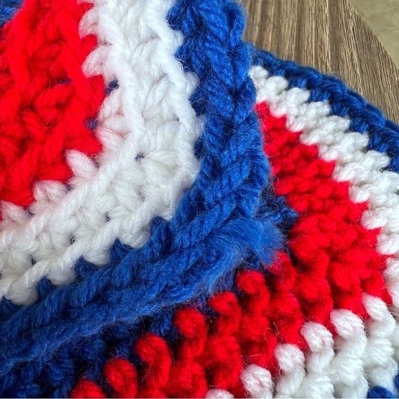 Handmade Patriotic Crochet Afghan 3D Flower Squares Red White Blue Stripe Trim - Picture 8 of 8